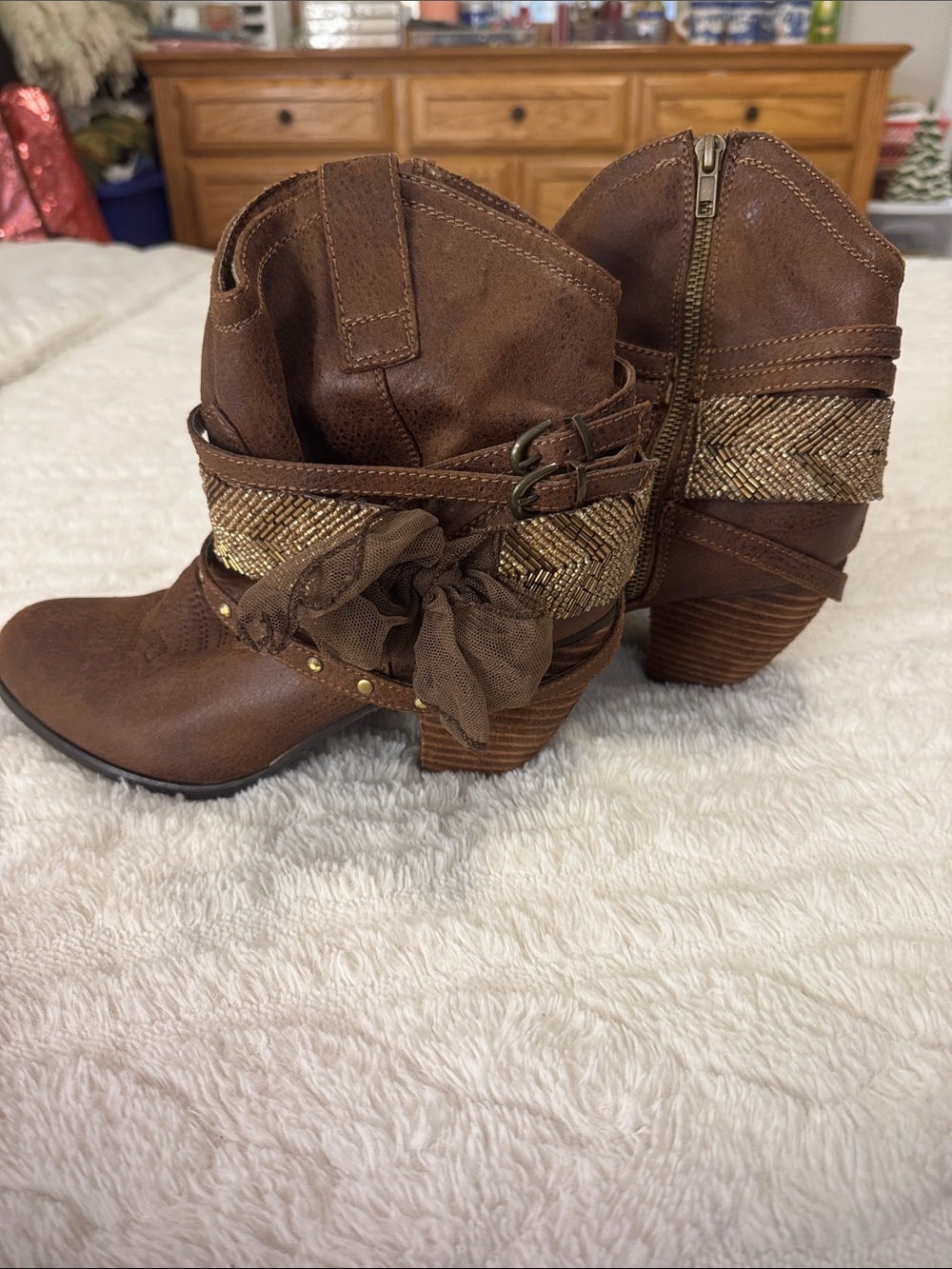 Not Rated Brown Western Bow-Accent Ankle Booties with Metallic Strap